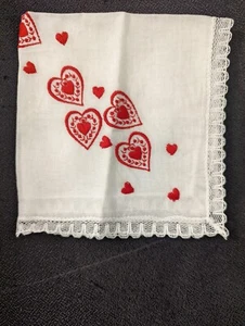 White lacy Embroidered Dainty Handkerchief with Red Thread Hearts Hanky hankie - Picture 1 of 5