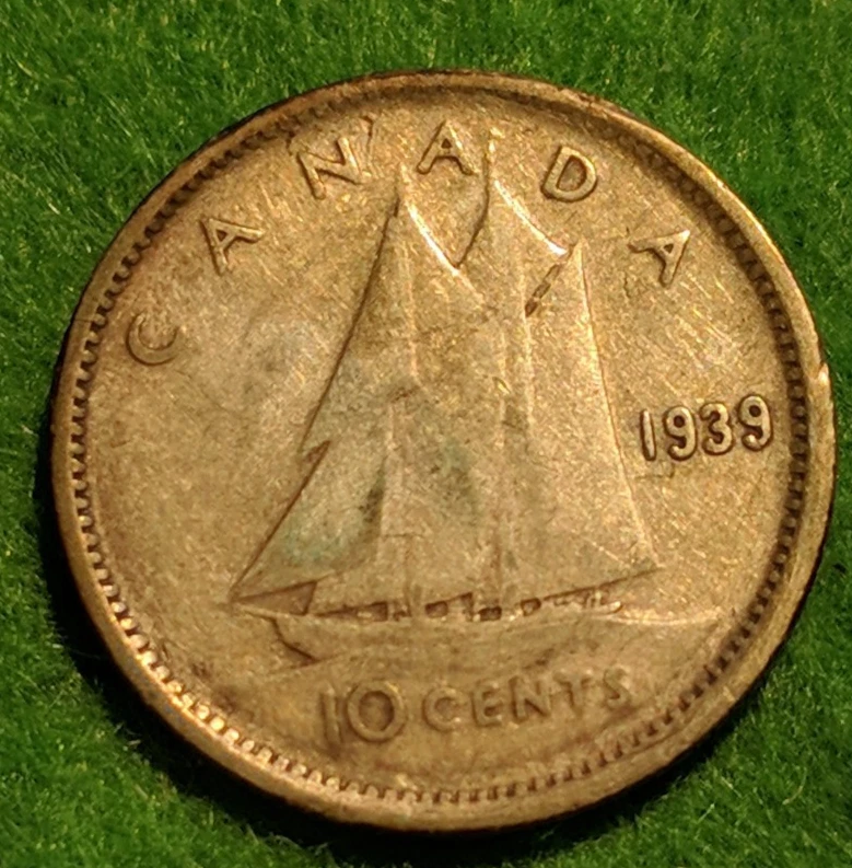 1939 Canada 10¢ Silver Coin – VF30 • Royal Visit Year • WWII Era • KM# 33 - Image 1 of 4