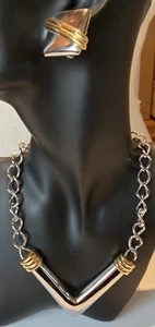 Vintage Monet Silver Gold Chain Necklace Clip On Earrings Set - Picture 1 of 7