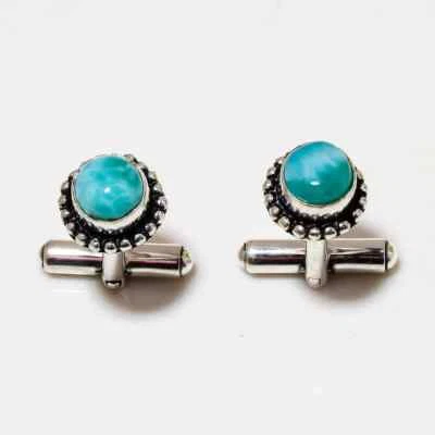 Gemelos naturales de plata de ley 925 con piedras preciosas Larimar joyas hechas a mano para hombre Foto 1 de 4