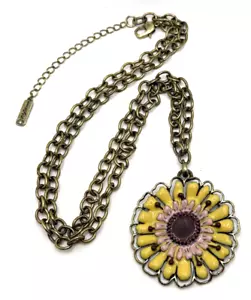 Collana con ciondolo fiore FIORE DI GIGLIO smalto giallo e rosa tono bronzo 30" - Foto 1 di 11