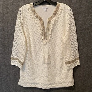 Blusa Charter Club Top Mujer Grande Blanca Ojales Encaje Bordado Lentejuelas Borla - Imagen 1 de 12