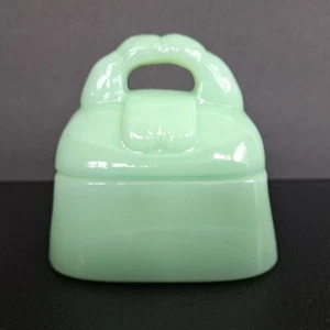 Mosser Glass Jadeite Belva's Hand Bag Purse Trinket Box Dish With Lid Green USA - Picture 1 of 7