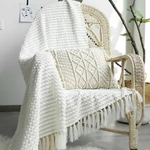 Tassel Knitted Blanket Chenille Shawl Fringe Throw Bed Sofa Couch Cover Solid - Picture 1 of 4