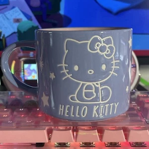 2023 Sanrio Hello Kitty Blue Pink White Outline Face Stars Ceramic Coffee Mug - Picture 1 of 12
