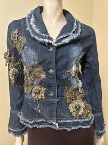Women’s Blue Cotton Denim Casual Stretch Beaded Glitter Patches Size M Jacket - Picture 1 of 24