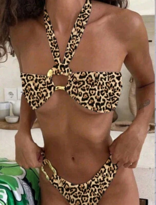 Women White Sexy Lace Up Irregular Hollow Out Backless Strapless Swimsuit Bikini - Image 1 of 4