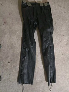 Unik LIKE NEW Leather Black Motorcycle Jim Morrison Pants Concho Belt Mens US 34 - Picture 1 of 4