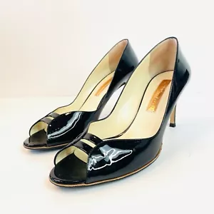 Rupert Sanderson Size 41 10 Black Nero Patent Leather Vernice Peeptoe Heels Shoe - Picture 1 of 20