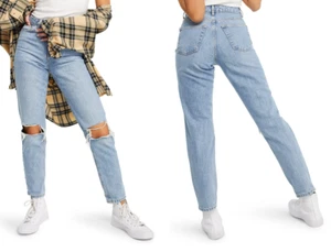 TOP SHOP 100% COTTON HIGH RISE RIPPED KNEE MOM'S JEANS MID BLUE SIZE 30 W X 30 L - Picture 1 of 2
