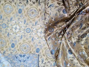 Blue Geometric Beige Embroidered Brocade Jacquard Silky Fabric By The Yard Birds - Picture 1 of 12