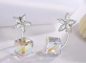 Gaea H Drop Flower/Cube Earrings With Swarovski Crystals Rhodium Plated - Picture 1 of 5