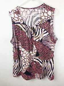Christopher & Banks Tank Top Womens XL Black Pink Multi Pattern Pleated Neck B2 - Picture 1 of 5