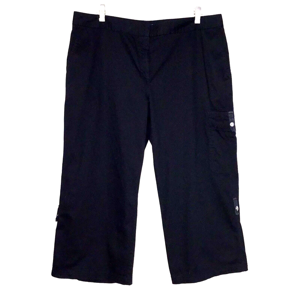 Pantalones cargo capri negros de pierna recta Izod para mujer con lengüeta enrollable de algodón talla 14 cremallera Foto 1 de 4