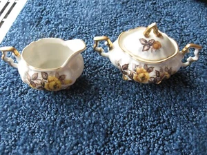 Bone China-Creamer & Sugar Bowl-Gold trim-Yellow Roses-Demitasse - Picture 1 of 7