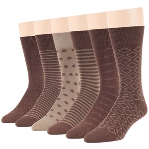 Men Cotton Dress Fashion Socks 6 Pack Diamond Polka Dot Stripe Large Brown Khaki - Picture 1 of 17