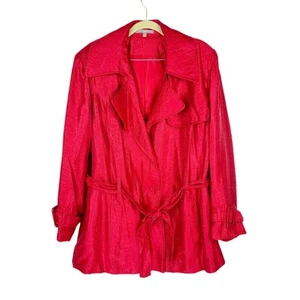 Ny Collection Red Textured Satin Button Up Belted Lined Light Trench Coat Sz 3X - Picture 1 of 9