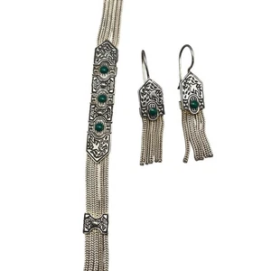 Vintage Sterlingsilber Set Multi Strang grüner Stein türkischer Gumusevi Stil Vogel - Bild 1 von 10