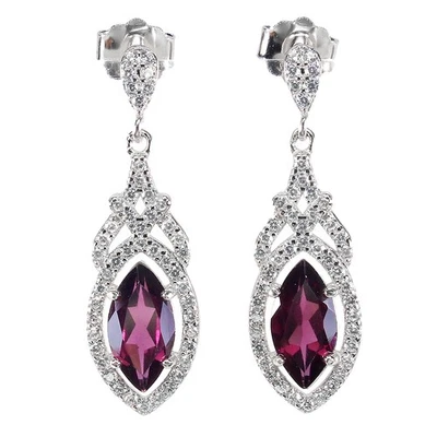 Unheated Pink Rhodolite Garnet 10x5mm Simulated Cz 925 Sterling Silver Earrings - Image 1 of 4