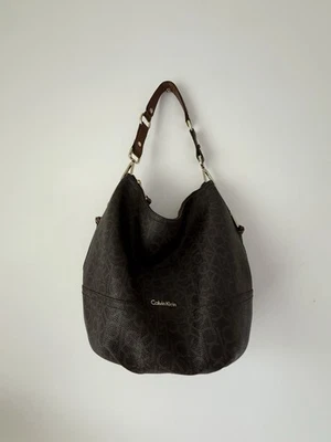 ✿ Calvin Klein Brown Monogram Logo Hobo Shoulder Bag Large Tote Purse - Image 1 of 4
