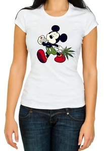 Mouse Mickey cannabis smoking 3/4 Short sleeve Woman T Shirt K271 - Picture 1 of 3