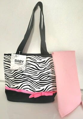 Baby Essentials 2pc Infant Girl Diaper Bag Zebra & Hot Pink Bow Tote w/Pad (NEW) - Image 1 of 4