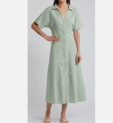 Madewell Linen Blend dress SZ 16 W Button-Front Midi Shirtdress Pistachio NEW - Image 1 of 4