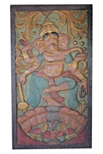 VINTAGE Ganesha ON LOTUS DOOR Panel Carved Wood Wall RELIEF Sculpture BARNDOOR