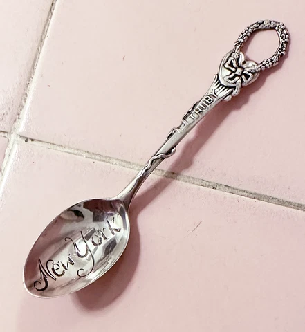 Antique Victorian Sterling Silver Souvenir Spoon New York Trilby Heart Flowers Cover