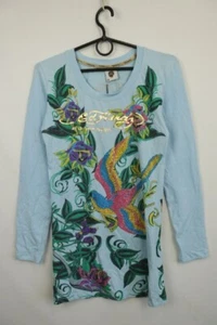 Ed Hardy by Christian Audigier Blue Cotton Crew Neck Long Sleeve Blouse Top M - Picture 1 of 24