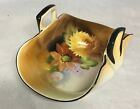 Noritake Hand Painted Flowers Folded Basket Bowl Handle Gold Yellow Red Green