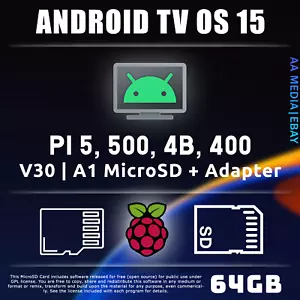 64GB or 128GB ANDROID TV OS 15 Preloaded Micro SD Card RaspBerry Pi 4, 5 - Picture 1 of 4