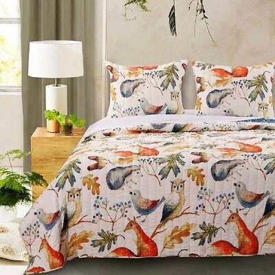 Quilt Set King Orange White Forest Wildlife Reversible Pillow Sham Bedding Cover - Image 1 of 4