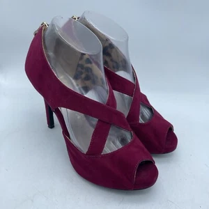 Christian Siriano Magenta Faux Suede Peep Toe Back Zip Strappy Stilettos Size 8 - Picture 1 of 9