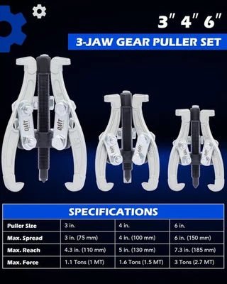 "Orion Motor Tech 3PCS Gear Puller Set 3" 4" 6" | 3-Jaw Bearing Pulley Removal" - Image 1 of 4
