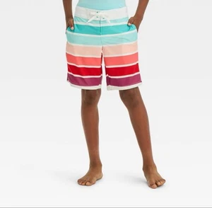 Art Class Boys’ Size 7 Swim Shorts Striped Adjustable Waist Built- in Brief - Picture 1 of 6