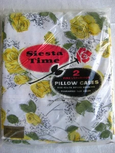 Vintage Kissenbezüge gelbe Rosen auf weiß 100% Baumwolle Siesta Time New Old Stock - Bild 1 von 6