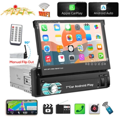 7" Single 1 DIN Flip out Stereo Car Radio GPS SAT NAV WiFi Bluetooth USB Carplay - Image 1 of 4