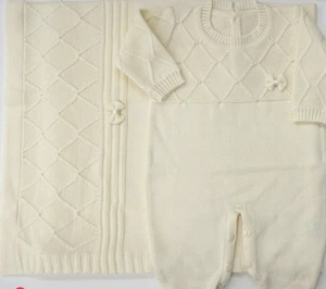SAIDA DE MATERNIDADE Pearl and Bow Yellow Knitted Set Footie and Blanket baby - Picture 1 of 1