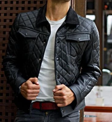 Men black Leather quilted Jacket New 100% Genuine Soft Lambskin Slim Biker Coat - Image 1 of 4