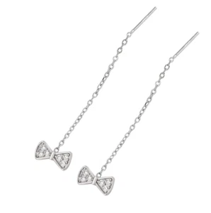 S925 Sterling Silver Bow CZ Dangle Pull Through Threader Stud Earrings 2" PE36 - Picture 1 of 4