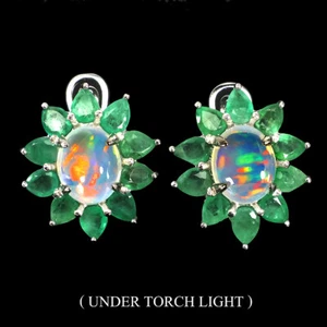 925 Sterling Silver Earrings Oval Fire Opal 11x9mm Emerald Gemstone Jewelry - Picture 1 of 9