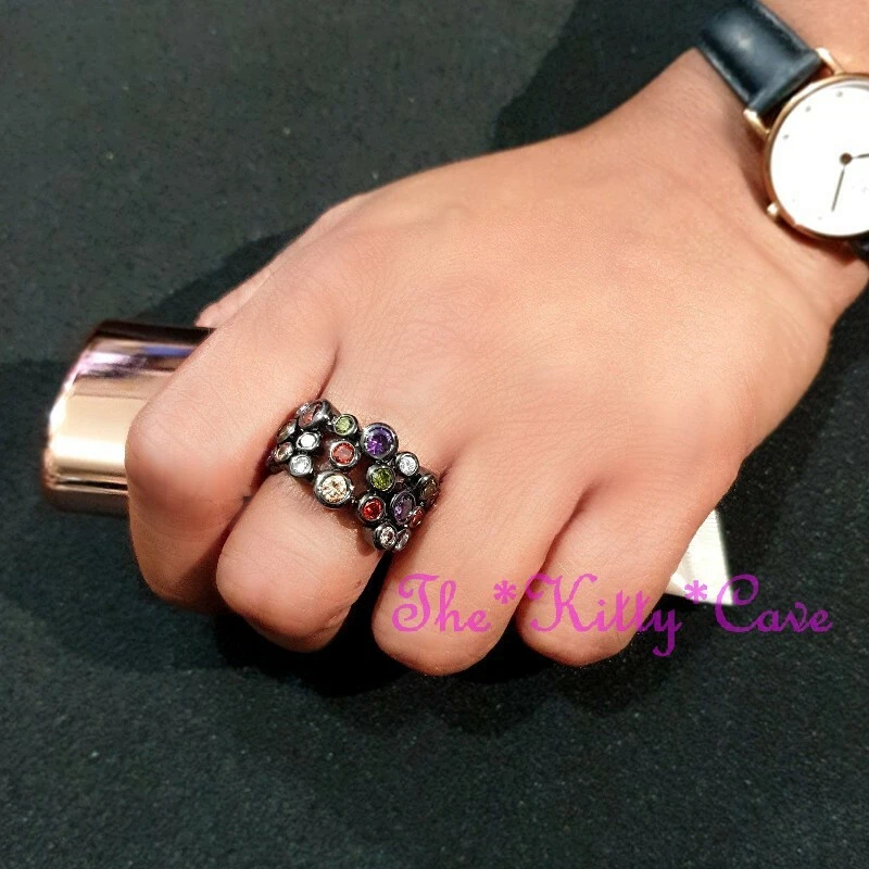 CZ Crystal Zirconia Multi Coloured Rainbow Retro Ossie Cocktail Bubble Band Ring - Image 1 of 4