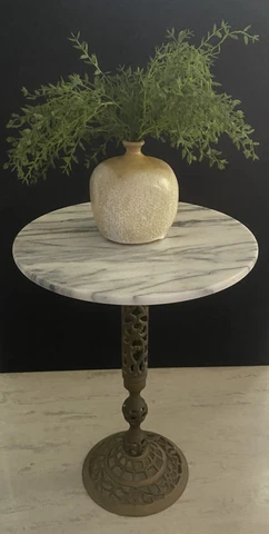 Vintage Marble Pierced Brass Plant Stand Table Hollywood Regency Round 12" Top Cover