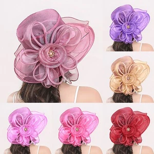 Women's Organza Church Fascinator Wedding Tea Party Derby Hats Wide Brim Sun Hat - Picture 1 of 41