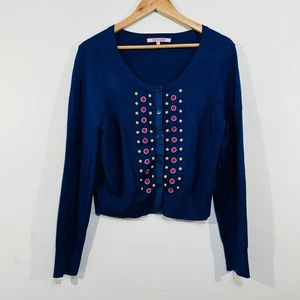 Review Cardigan Blue Pink Yellow Embroidered Heart Button Down 14 - Picture 1 of 22