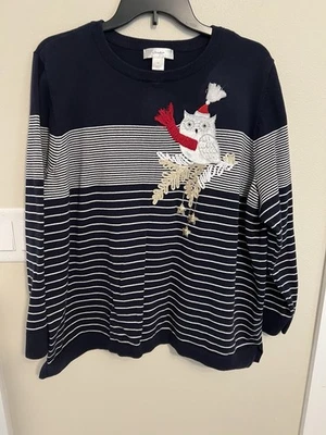 CJ Banks Sweater, Plus Size 2X, Owl Holiday Design,  Blue Striped, Knit, PRETTY - Image 1 of 4