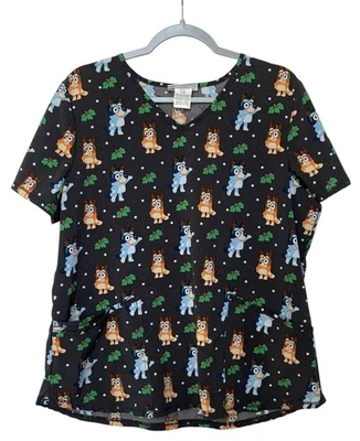 Disney BLUEY Nurse Scrub Top Christmas Holiday Print Theme Women’s Large EUC - Image 1 of 4