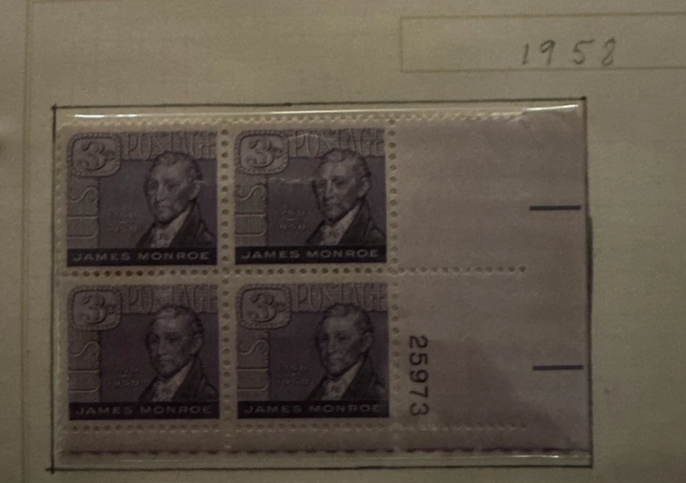 US 3¢ James Monroe Postage Stamp 1958 Block of 4 Scott 1105 - Image 1 of 1