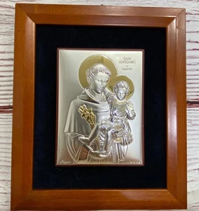 Marco de arte de madera italiano de plata esterlina de San Antonio di Padua y Niño Jesús Sagra - Imagen 1 de 7